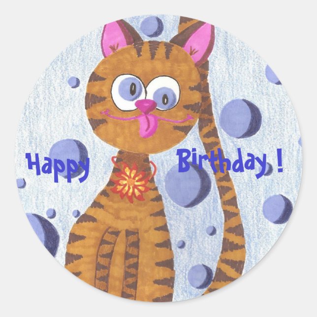 Sticker Rond Cannelle le chat Joyeux, Anniversaire ! autocollan (Devant)