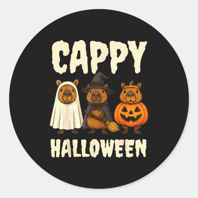 Sticker Rond Cappy Halloween Funny Capybara Ghost Witch Pumpkin (Devant)