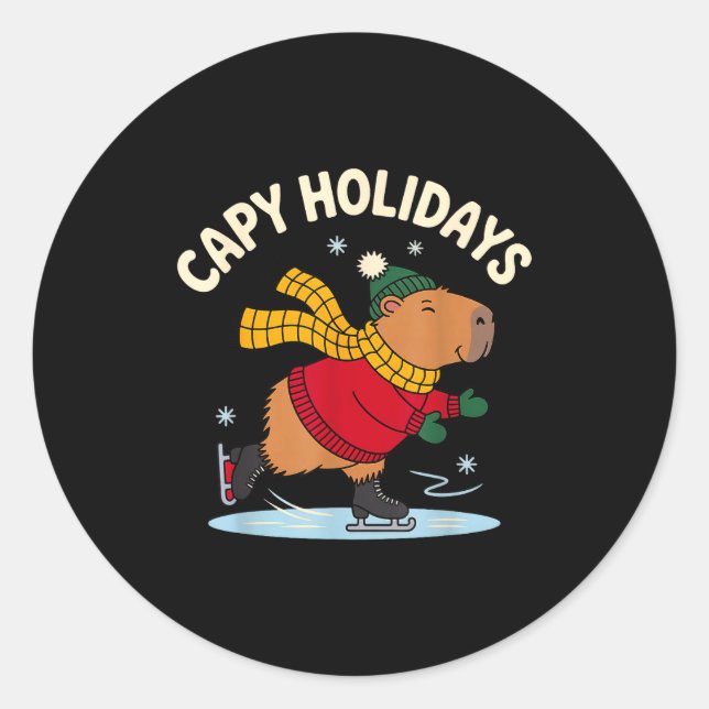 Sticker Rond Capy Holidays Ice Skating Capybara Funny Xmas Chri (Devant)