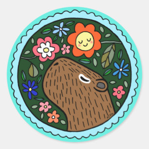 Sticker Rond Capybara avec des fleurs mignonette Happy capybara