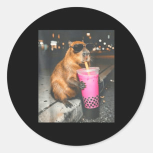 Sticker Rond Capybara buvant du thé glacé boba mème drôle d'ani