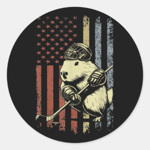 Sticker Rond Capybara Jouer Hockey Drapeau Américain Capybara H