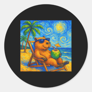 Sticker Rond Capybara Van Gogh Art Drôle Plage Été Famille