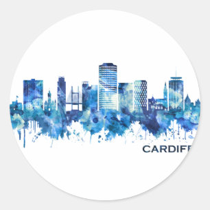 Sticker Rond Cardiff Wales Skyline Blue