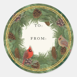 Sticker Rond Cardinal Christmas Wreath Pine Cones Tags cadeaux