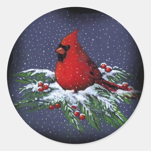 STICKER ROND CARDINAL DE NOËL : OISEAU : ART : NEIGE (Devant)