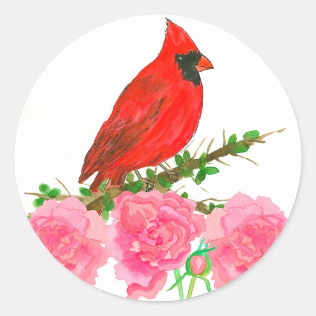 Sticker Rond Cardinal Peony rose Aquarelle Fleurs (Devant)