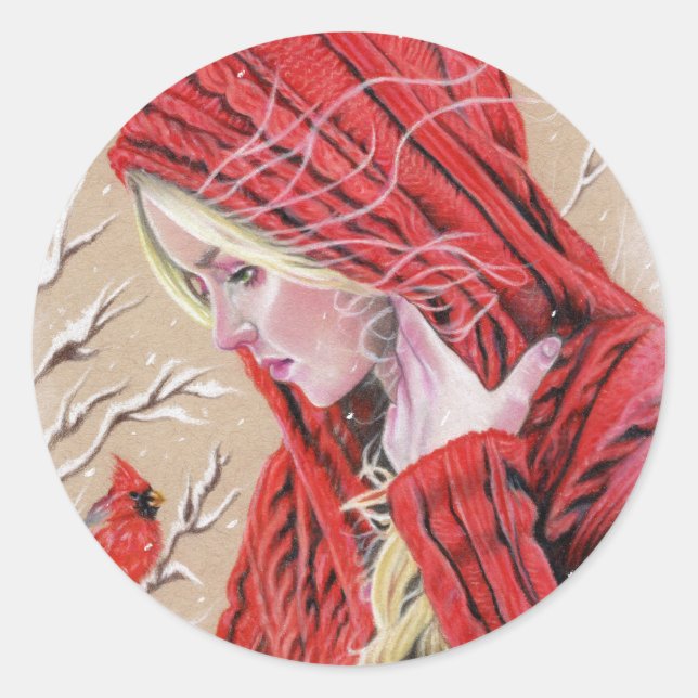 Sticker Rond Cardinal rouge fille Noël vacances hiver autocolla (Devant)