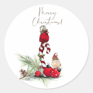 Sticker Rond Cardinal rouge oiseau aquarelle hiver Noël