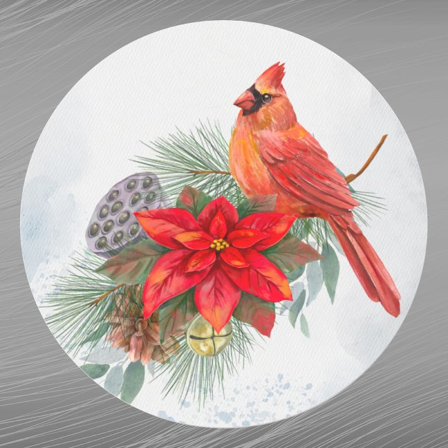 Sticker Rond Cardinal Rouge Poinsettia Verdure Noël (Créateur téléchargé)