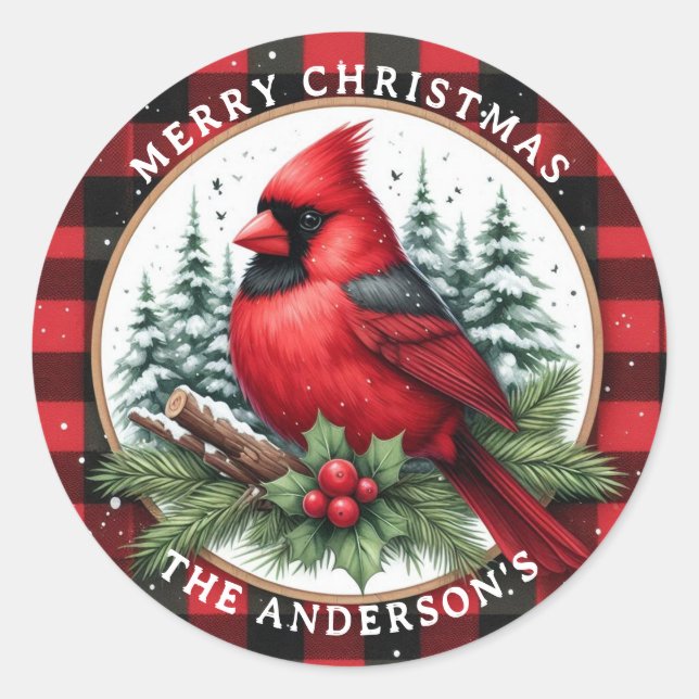 Sticker Rond Cardinal with Holly & Buffalo Plaid Background (Devant)