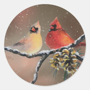Sticker Rond CARDINAUX dans la NEIGE par SHARON SHARPE
