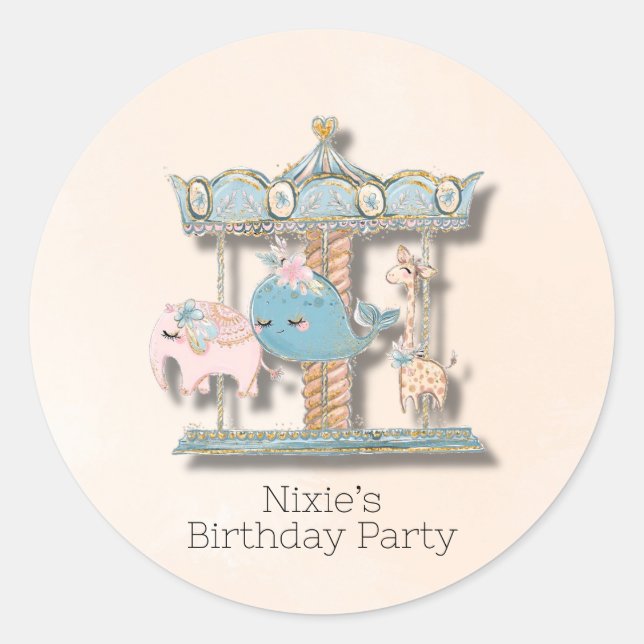 Sticker Rond Caricature Animaux Carrousel Fête d'anniversaire (Devant)