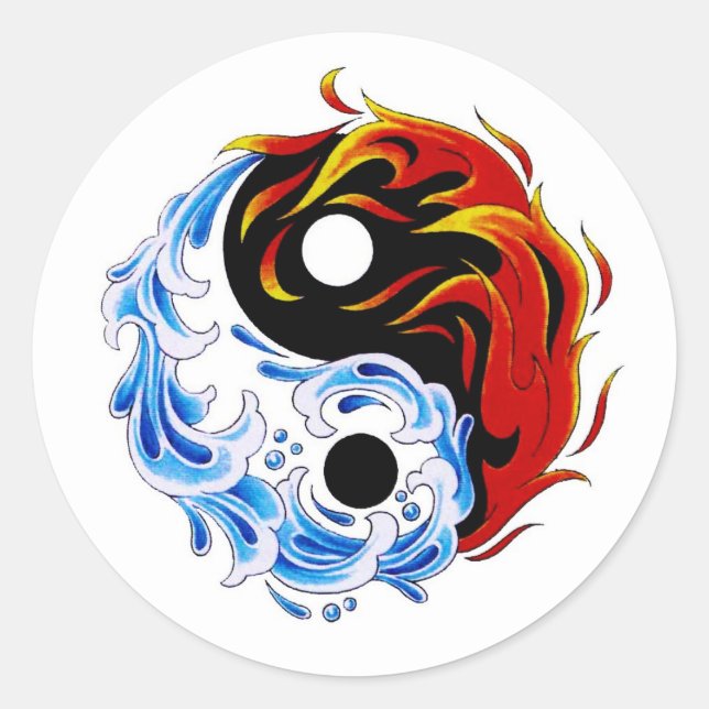 Sticker Rond Caricature cool symbole tatouage feu d'eau Yin Yan (Devant)
