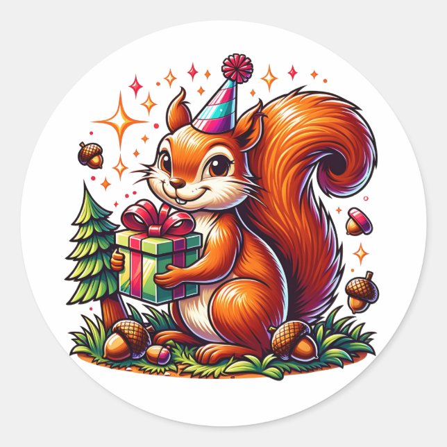 Sticker Rond Caricature d'Anniversaire d'écureuil mignon (Devant)