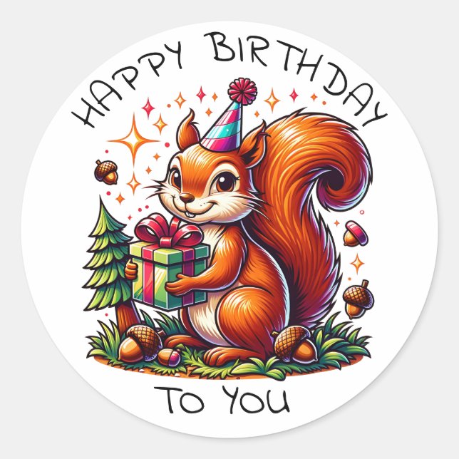Sticker Rond Caricature d'Anniversaire d'écureuil mignon (Devant)