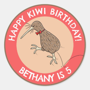 Sticker Rond Caricature d'anniversaire d'oiseau kiwi personnali