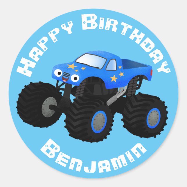 Sticker Rond Caricature de camion monstre bleu mignon anniversa (Devant)
