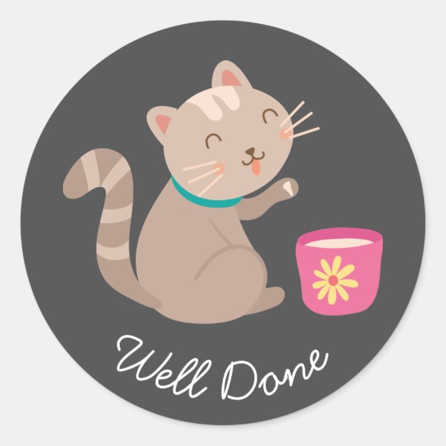 Sticker Rond Caricature de chat mignon enseignement bien fait (Devant)