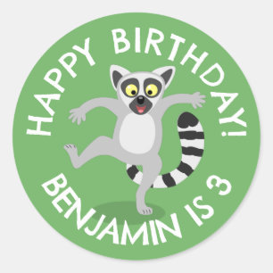 Sticker Rond Caricature de lémurien à queue mignonne anniversai