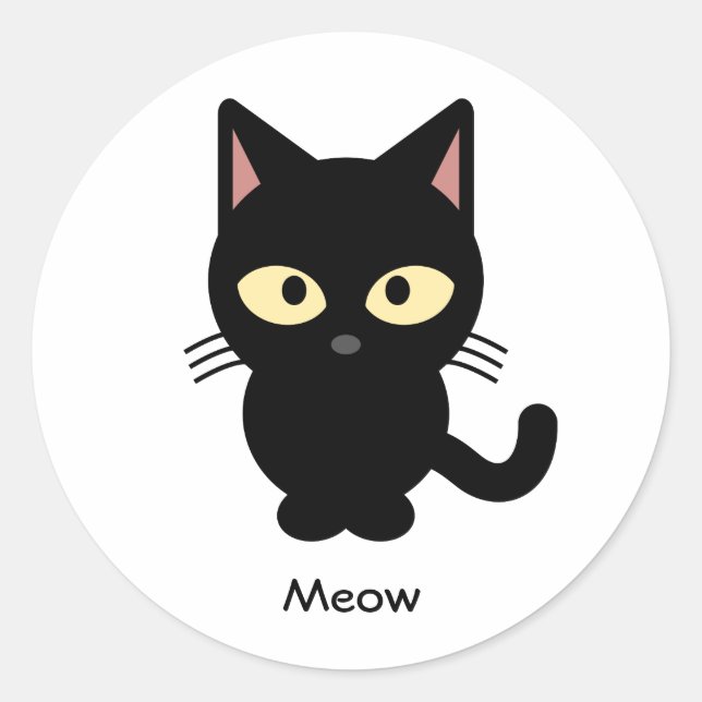 Sticker Rond Caricature de miow en chat noir mignon (Devant)
