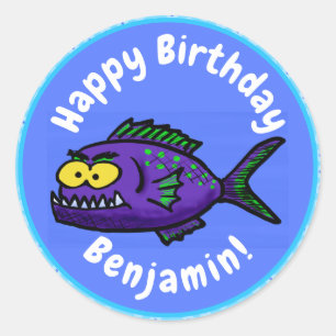 Sticker Rond Caricature de poisson de Piranha