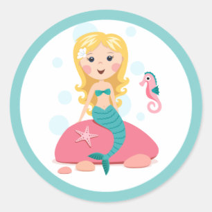 Sticker Rond Caricature de sirène blonde fille avec hippocampe 