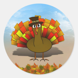 Sticker Rond Caricature de Thanksgiving Turquie pèlerin