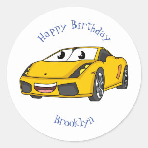 Sticker Rond Caricature de voiture sport jaune joyeux