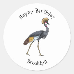Sticker Rond Caricature d'oiseau de grue couronné gris