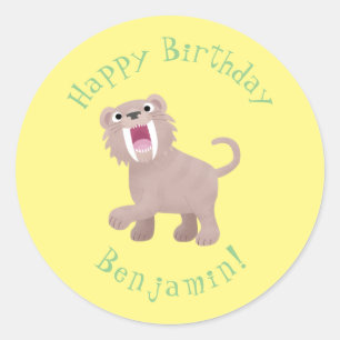 Sticker Rond Caricature du tigre mignon Saber Toothed Smilodon