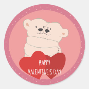 Sticker Rond Caricature mignonne Bears blanc Hug Pink Valentine
