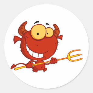 Sticker Rond Caricature Petit Diable Avec Pitchfork