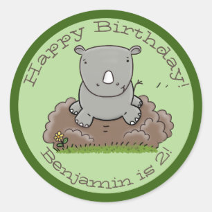 Sticker Rond Caricature vert de rhinocéros mignon