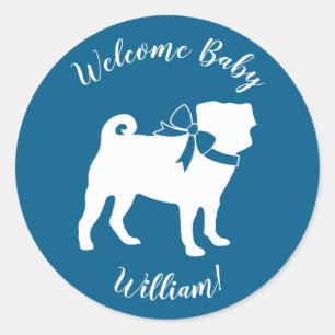 Sticker Rond Carlin Chien Baby shower Garçon Bleu avec Bow