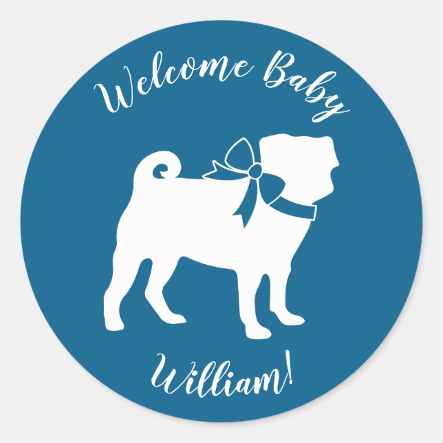 Sticker Rond Carlin Chien Baby shower Garçon Bleu avec Bow (Devant)