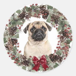 Sticker Rond Carlin Chien Rouge Bow Pinecone Wreath Noël