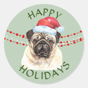 Sticker Rond Carlin Chien Santa Hat Joyeuses Fêtes