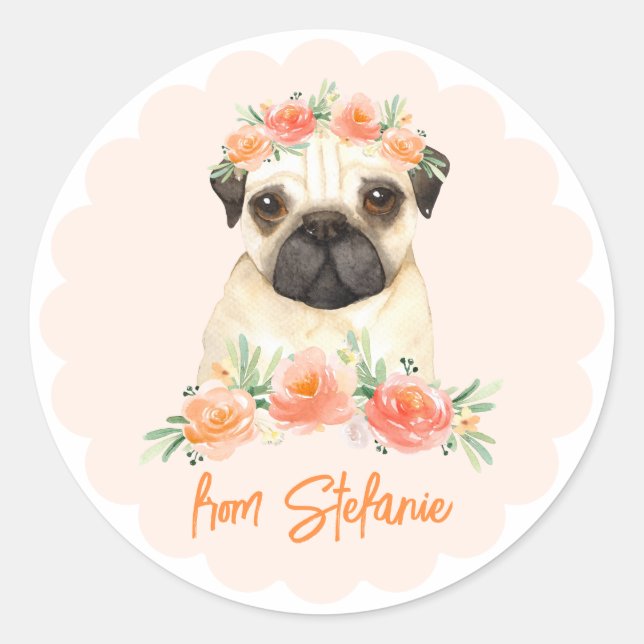 Sticker Rond Carlin d'aquarelle mignonne et fleurs de pêche Ann (Devant)