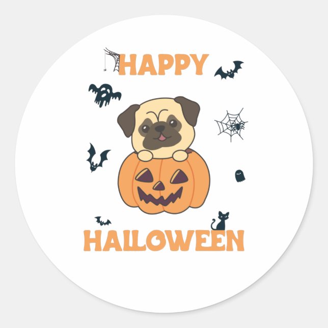 Sticker Rond Carlin En Chiens Doux Citrouilles Bonne Halloween (Devant)