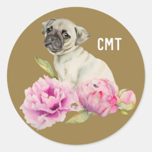 Sticker Rond Carlin et pivoines   Chien Art   Monogramme