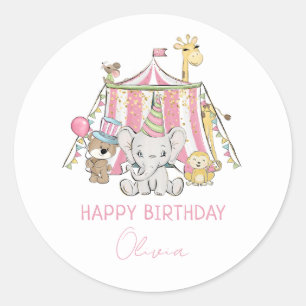 Sticker Rond Carnaval rose Circus Joyeux Anniversaire des enfan