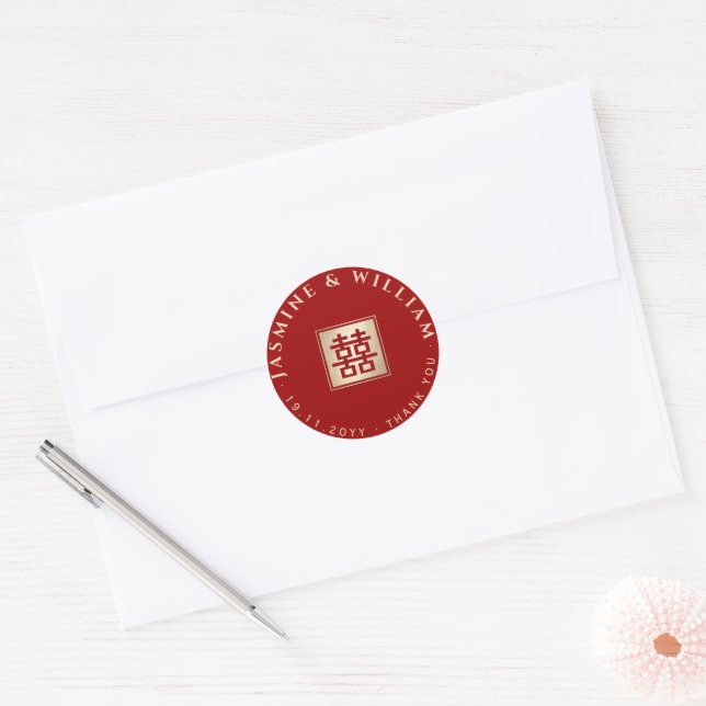 Sticker Rond Carré or/rouge double bonheur Mariage chinois (Enveloppe)
