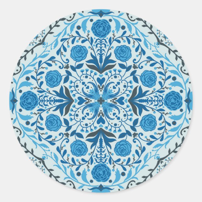 Sticker Rond Carreaux à fleurs bleus (Devant)