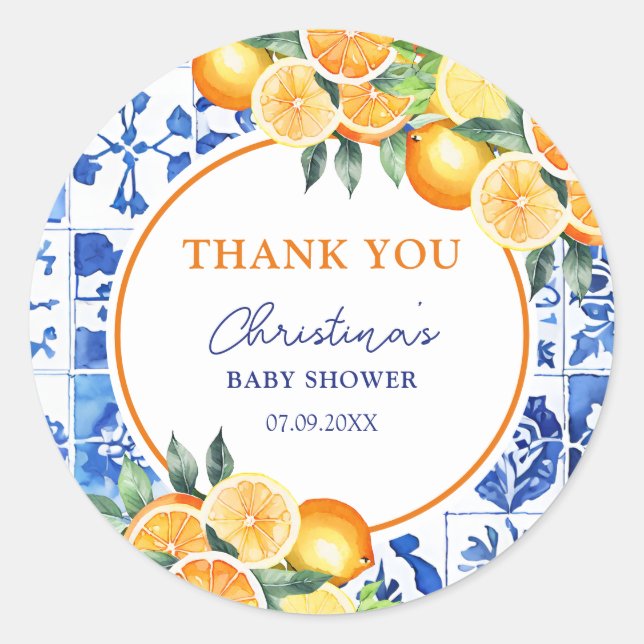 Sticker Rond Carreaux bleu Citrus Baby shower Merci (Devant)