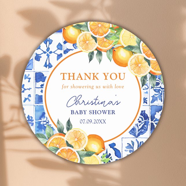 Sticker Rond Carreaux bleu Citrus Baby shower Merci (Créateur téléchargé)