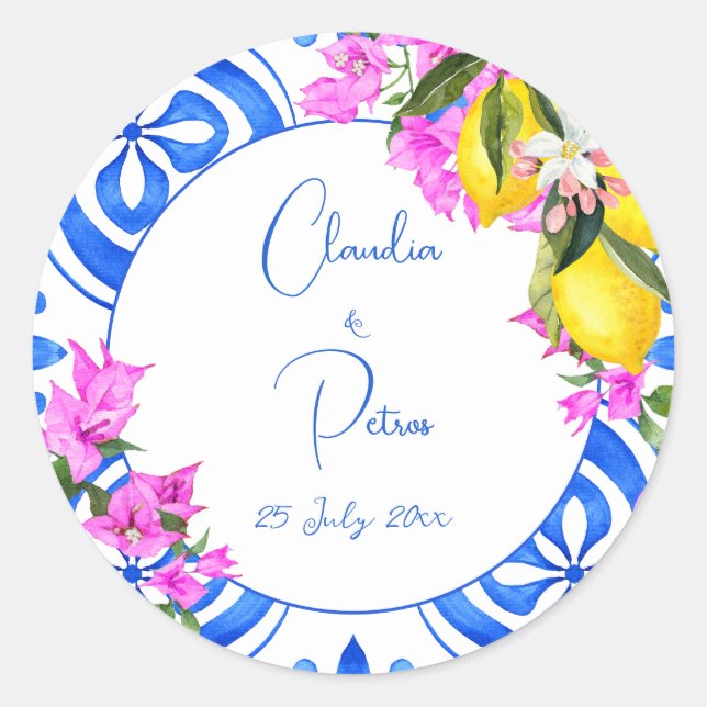 Sticker Rond Carreaux bleus Bougainvillea citrons mariage éléga (Devant)