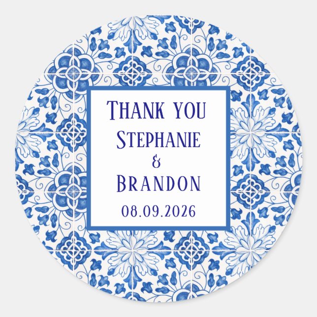 Sticker Rond Carreaux portugais Mariage méditerranéen bleu (Devant)