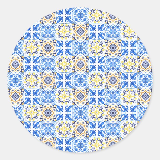 Sticker Rond Carrelage bleu italien (Devant)
