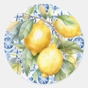 Sticker Rond Carrelage et citrons d'aquarelle italien bleu et b